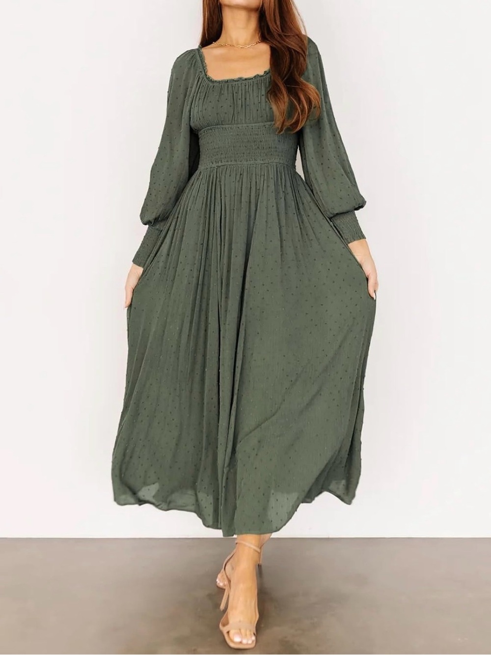 Smocked Waist Long Sleeve Maxi Dress in Olive Green - Picture 3 of 5
